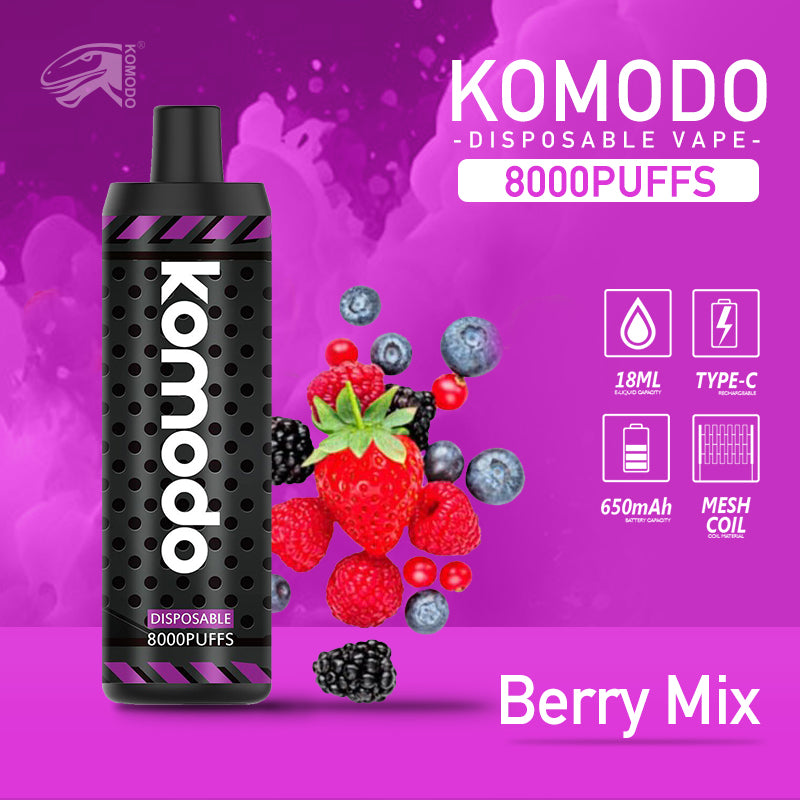 KOMODO 8000 Puffs Disposable Vape Kit Mesh Coil, Multiple Flavors (5 Packs)